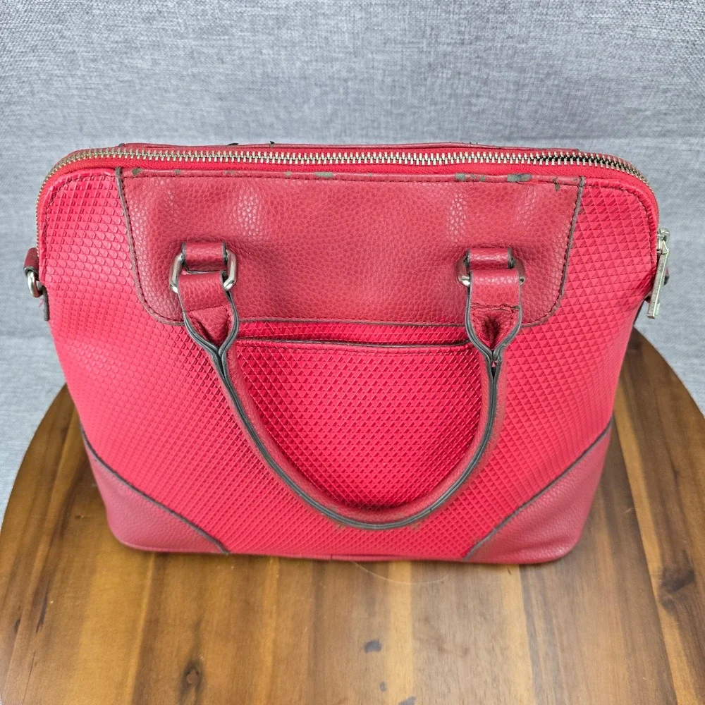 Liz Claiborne Red Satchel Handbag Geometric Embossed Faux Leather Top Handle Bag